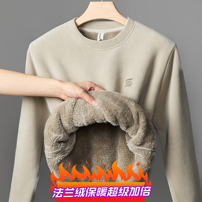Cross-Border Export Men's Sweatshirt Fleece-Lined Thickeneded Autumn and Winter Casual Bottoming T-Shirt Men's Warm Dad Clothes Wholesale