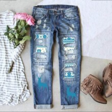 欧美跨境现货批发时尚新款破洞印花贴布水洗中腰直筒女装牛仔裤女