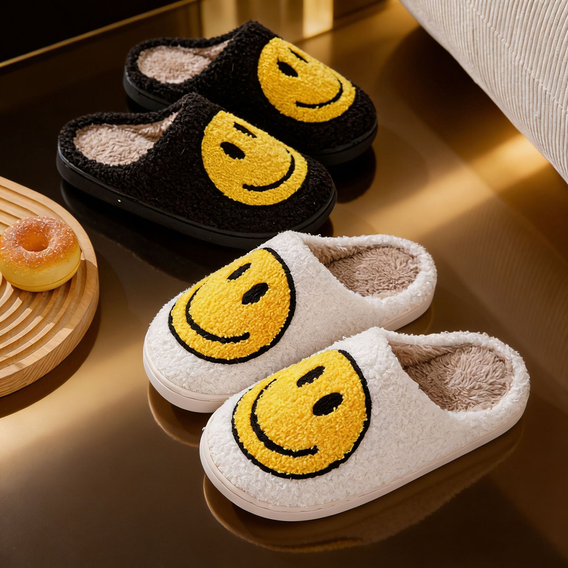 秋冬季情侣棉拖鞋笑脸女室内家居保暖加绒软底月子鞋防滑毛绒男士