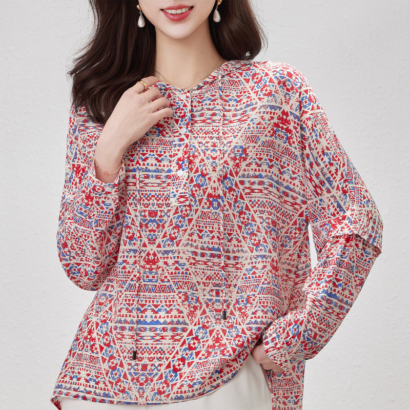 Double Crepe Silk Top for Women, Long-Sleeved 2026 Summer New Fashion Printed Sun-Protective Loose Hooded Mulberry Silk Shirt