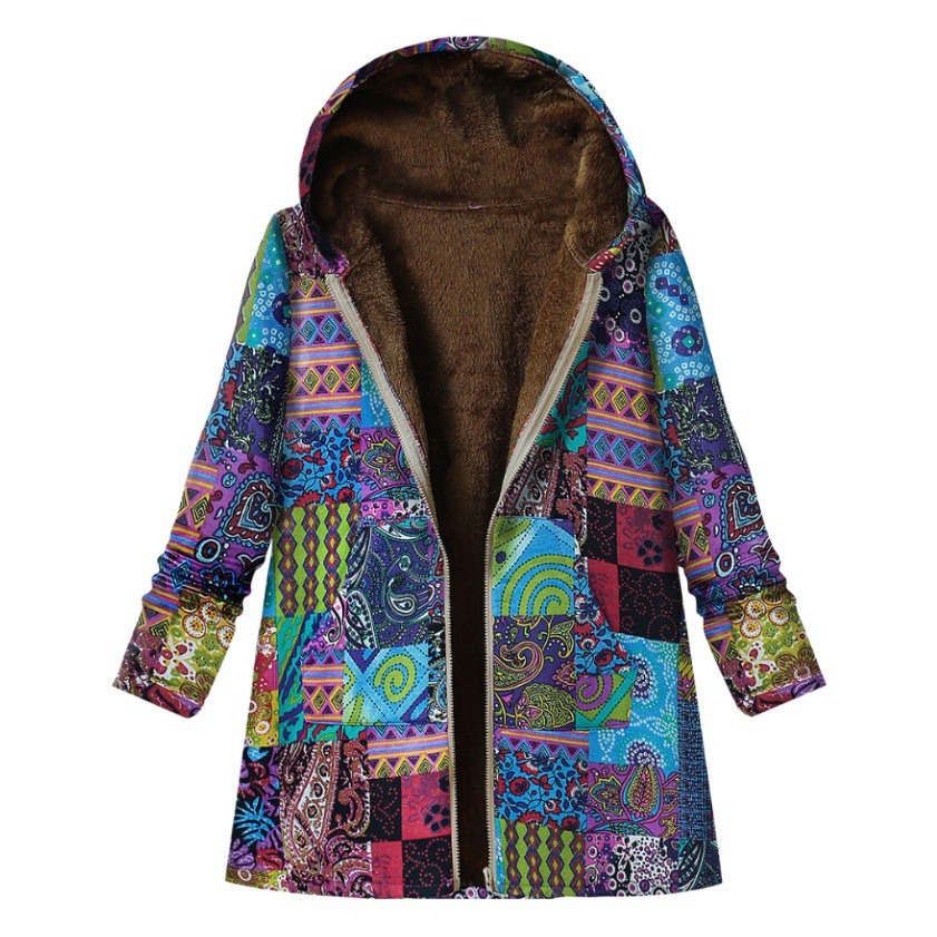 European and American Women's Winter Oversized Fluffy Retro Cotton Linen Zipper Hooded Coat Jacket