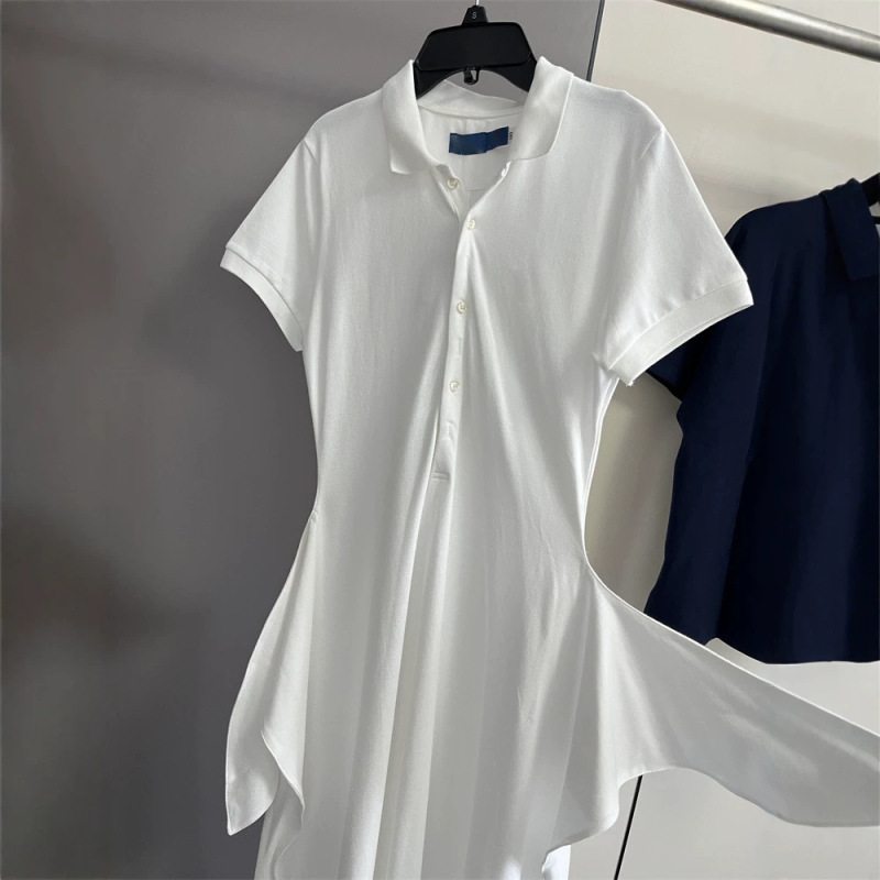 0730 American Style Single Polo Collar White Single-Breasted A-Line Dress Slimming Elegant Tie Short-Sleeve Dress 176