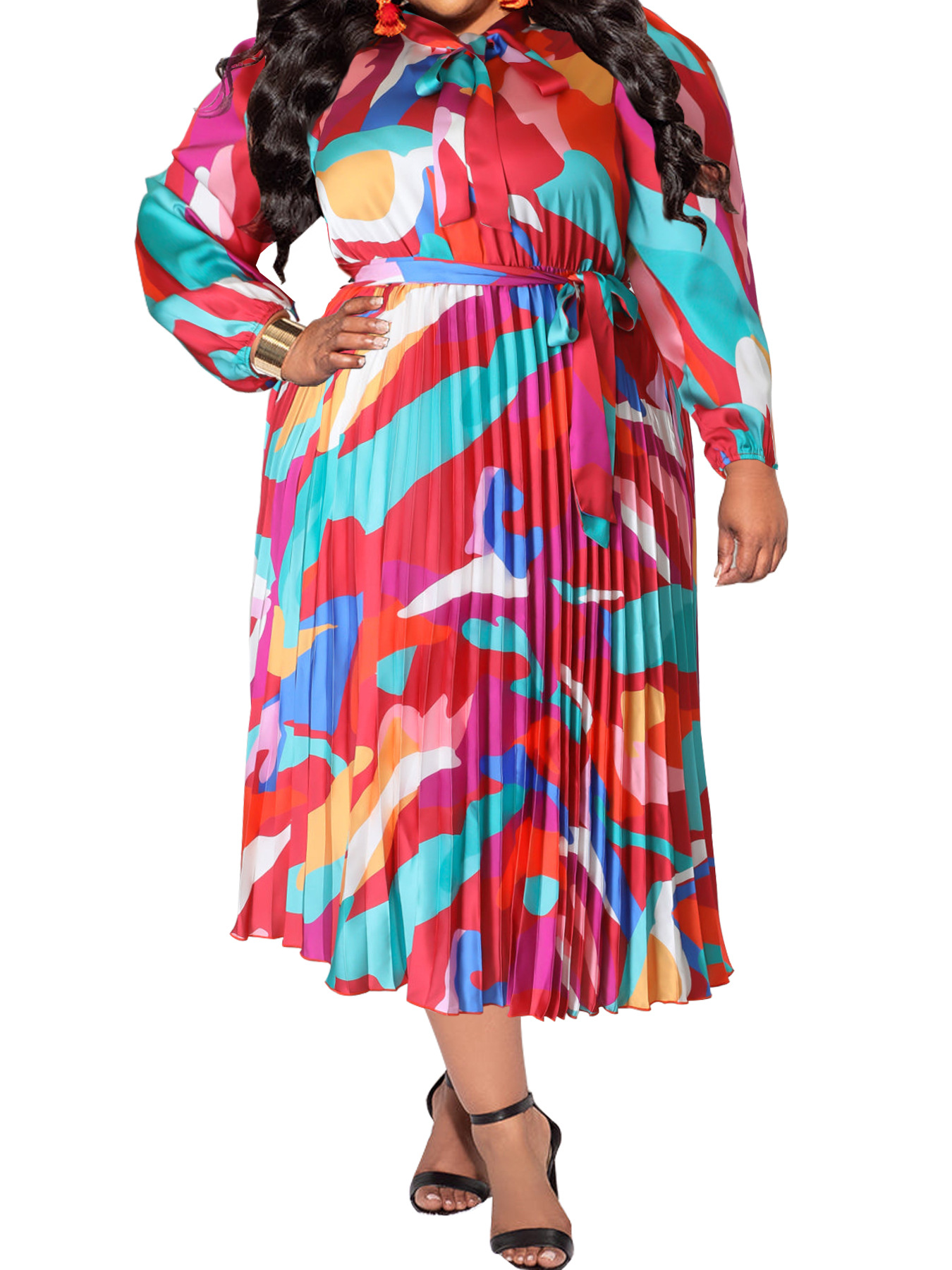 Damen Plus Size Plissee Kleid Mit Kragen Und Langen Ärmeln_voghion.com