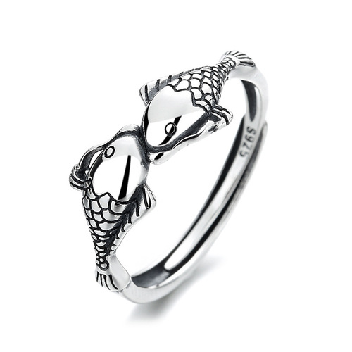 Vintage plain silver copper coin with a surplus every year, koi fish lotus ring, Thai silver koi heart meridian open ring