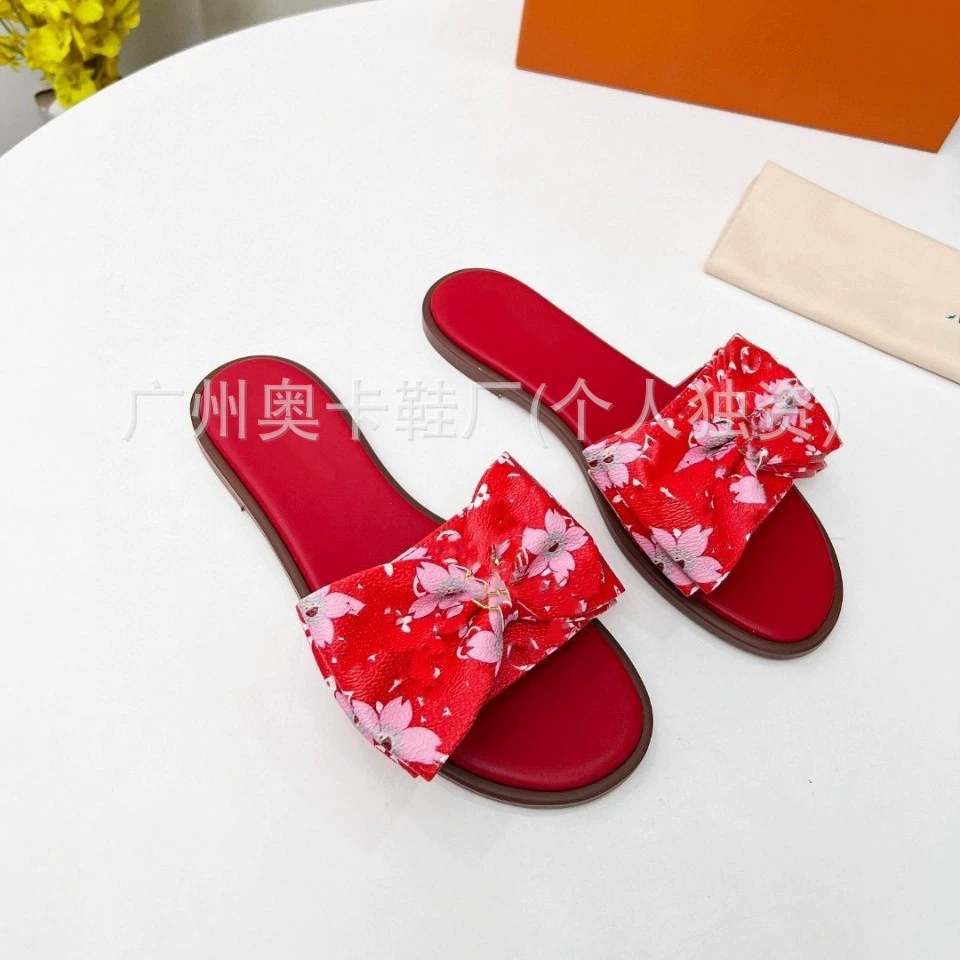 Европейские и американские новые большие плоские тапочки 2025 года с бантом, модные тапочки с цветочным принтом на одном ремешке
