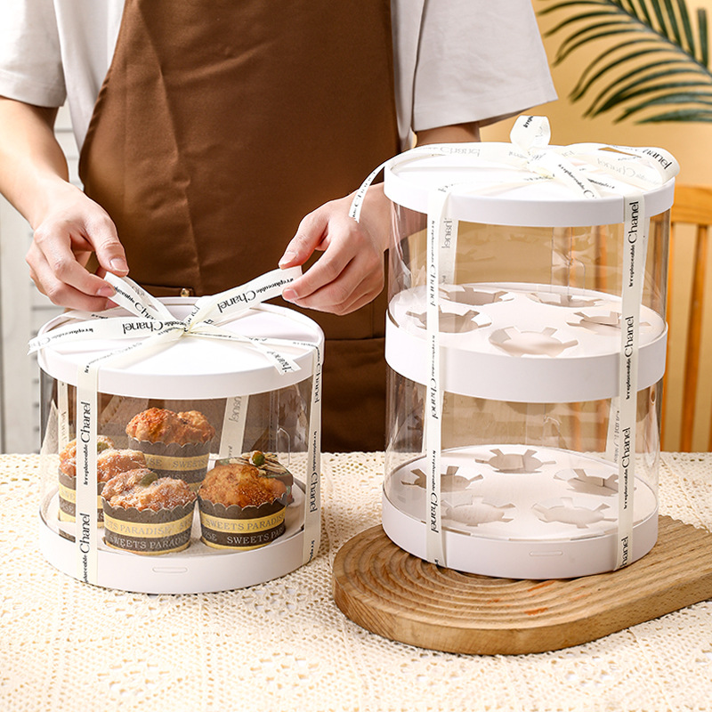糕点甜品打包盒圆形生日杯子蛋糕盒双层透明纸杯蛋糕包装盒点心