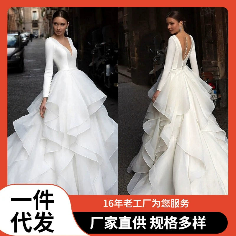 Европейская и американская белая простая свадебная одежда 2025 года, новый экспорт, длинный рукав, V-образный вырез, длинный шлейф, открытая спинка, на пуговицах, женская одежда