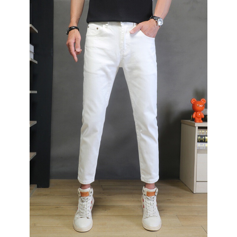 Summer Thin High-End White Cropped Jeans for Men, Slim Fit, Skinny, Stretchy, Korean Style, Casual Versatile Trendy Brand Pants