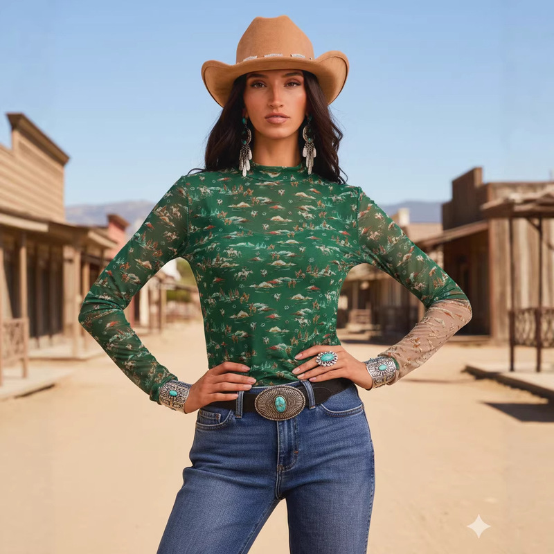 2026 Latest Hot-Selling American Western Cowboy Style Printed Mesh Top