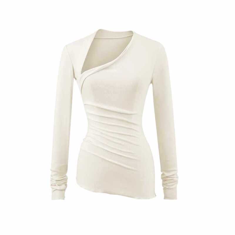 Trendy Off-Shoulder Base Shirt Solid Color Stretchy Slim Fit Long Sleeve Top French Style