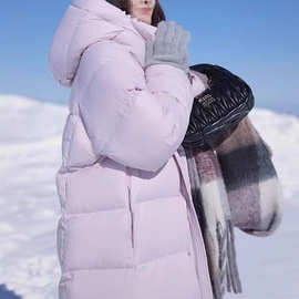 跨境加厚轻薄保暖显瘦鹅绒服女340g充绒连帽过膝长款外套羽绒服防