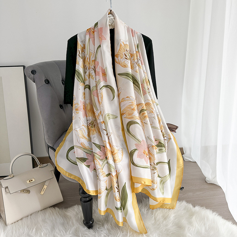 Nueva bufanda de seda estampada de satén de seda babero nuevo estilo exterior de verano chal de viaje protección solar bufanda de seda larga bufanda de estilo occidental para mujer