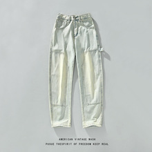 DG12男装 日系潮牌新款水洗做旧拼接复古工装伐木裤男直筒牛仔裤