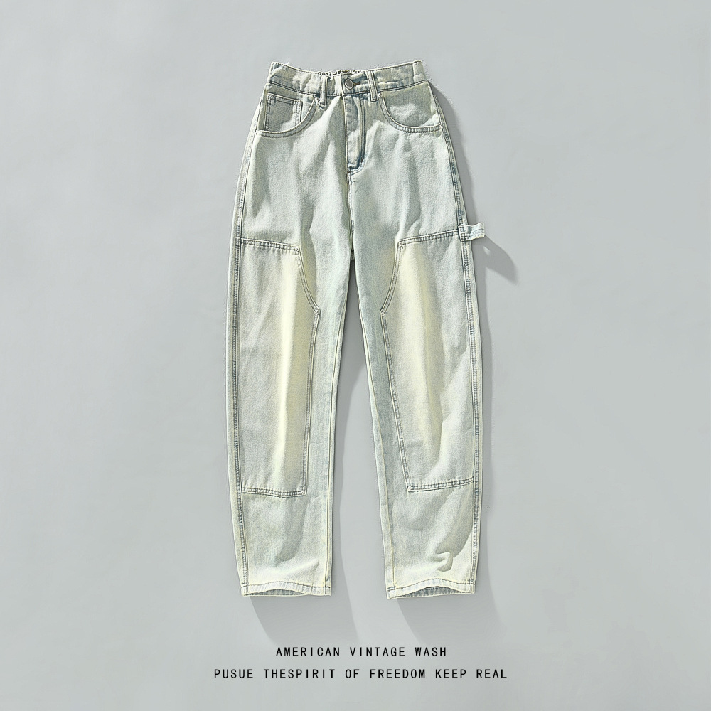 DG12男装 日系潮牌新款水洗做旧拼接复古工装伐木裤男直筒牛仔裤
