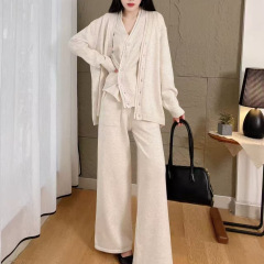 气质优雅针织三件套女2025秋冬新款开衫外套+毛衣背心阔腿裤套装