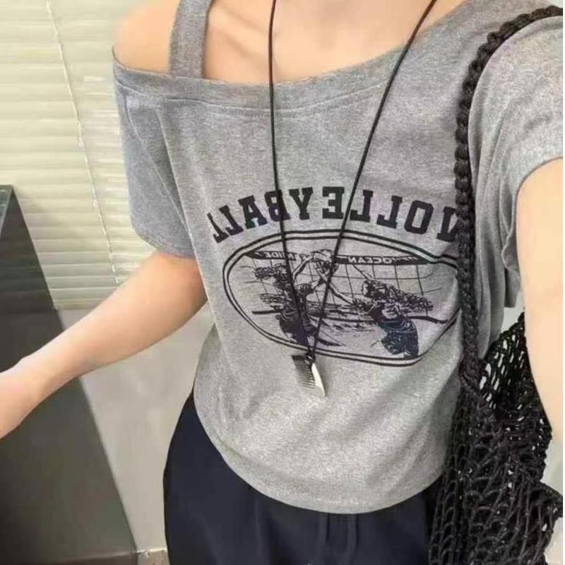 【綿92・スパンデックス8】オフショルダー半袖スリムフィットショートプリントTシャツレディース万能ボトムスシャツ|undefined