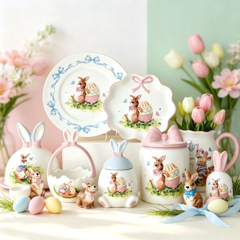 Easter ceramic tableware set with cartoon rabbits, underglaze colored bowls and plates, cute home decor, cross-border new product Easter ceramic tableware set with cartoon rabbits, underglaze colored bowls and plates, cute home decor, cross-border new product
