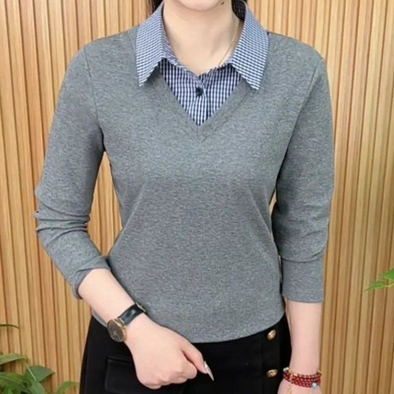 Fake Two-Piece Fashionable Contrasting Color Fake Two-Piece Shirt for Women in Spring and Autum New Style Versatile Slimming Look Bottoming Shirt Top