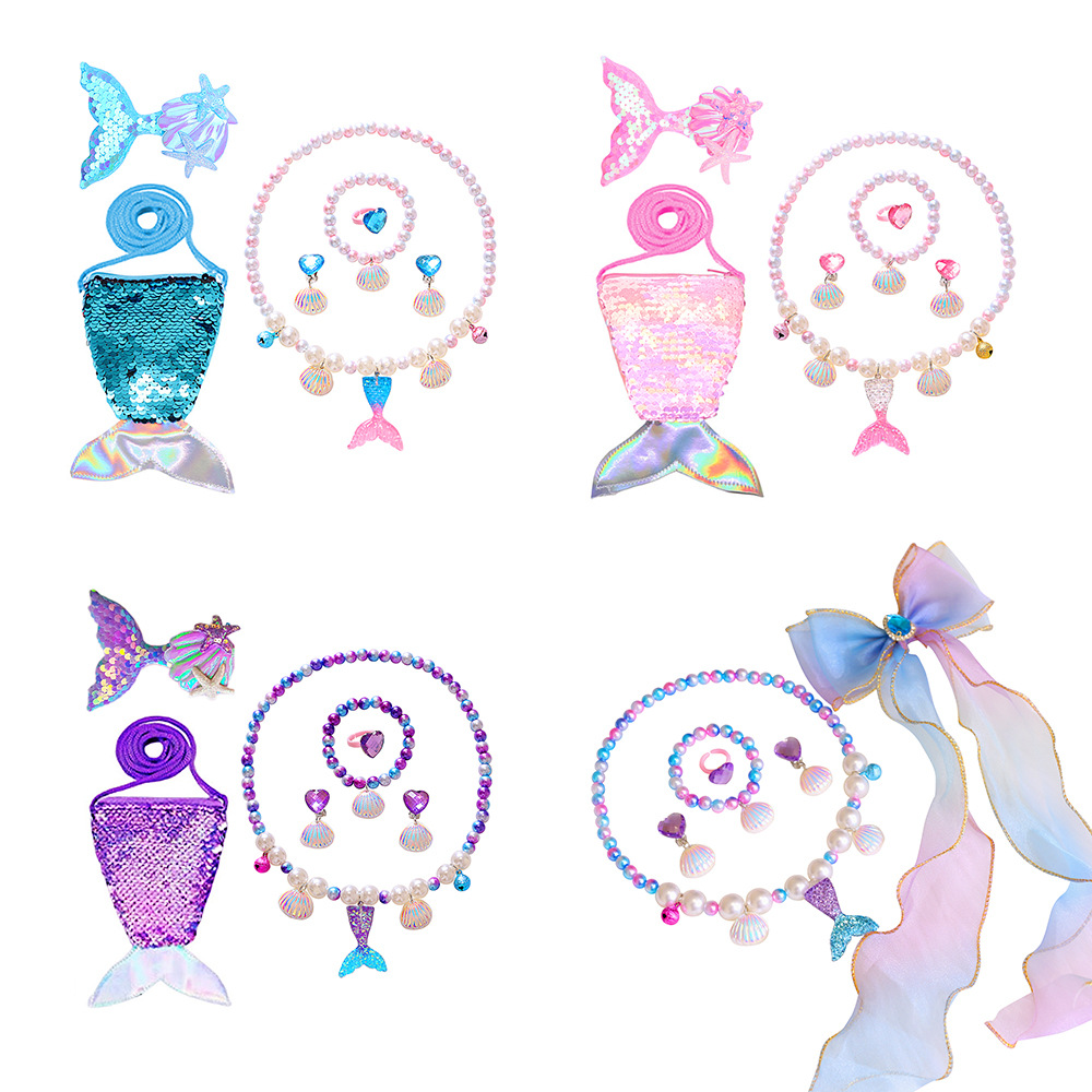 Collar para niños sirena cola collar de perlas para niñas pulsera anillo pendientes traje para niñas accesorios para bebés