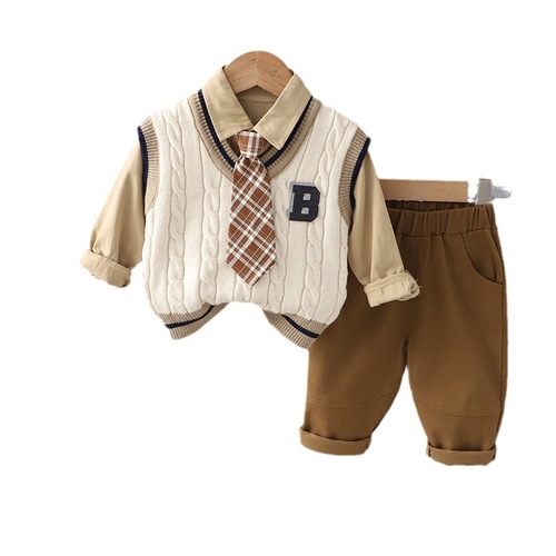 Spring and Autumn New Children's Korean Style Clothes Baby Set for Boys and Girls College Style Knitted Vest Three-Piece Set