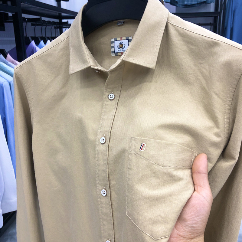 Cross-Border 100% Cotton Long-Sleeve Shirt, New Spring and Autumn Embroidered Solid Color Men's Casual Oxford Shirt, Trendy