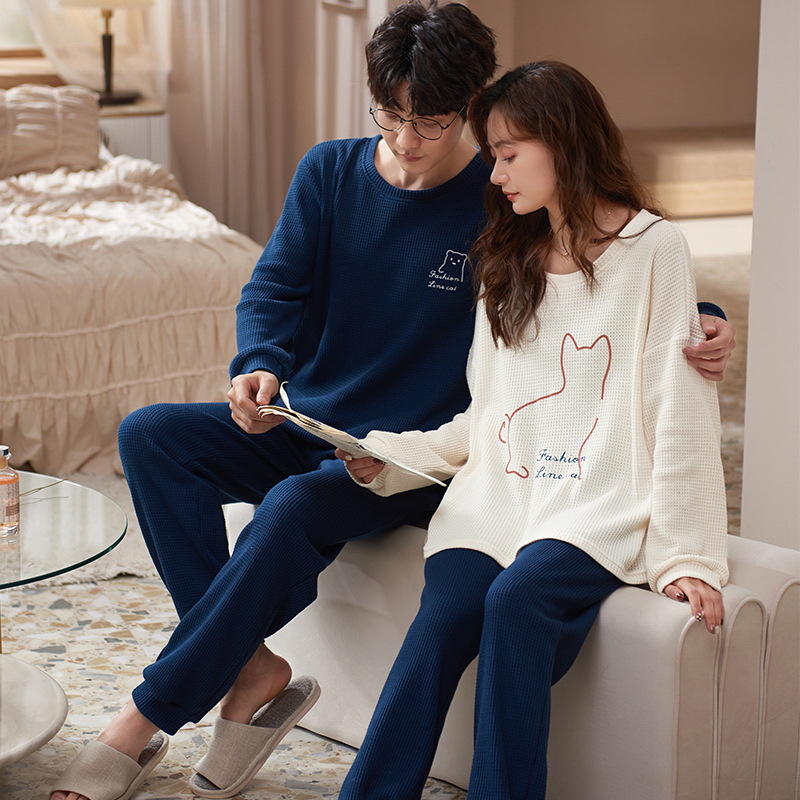 Primavera y otoño pareja pijamas de algodón de invierno de las mujeres de dibujos animados lindo de manga larga casual hombres simples más tamaño homewear traje