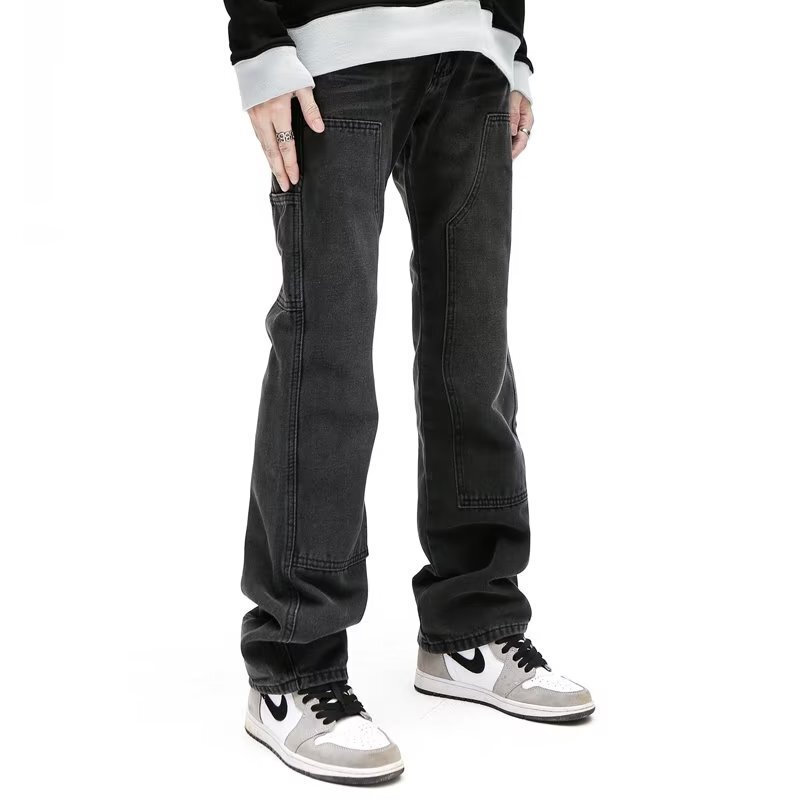 Loose Straight-Leg Jeans Men's High Street vibe 2022 New Zipper Multi-Pocket Fashionable Micro-Lap Pants