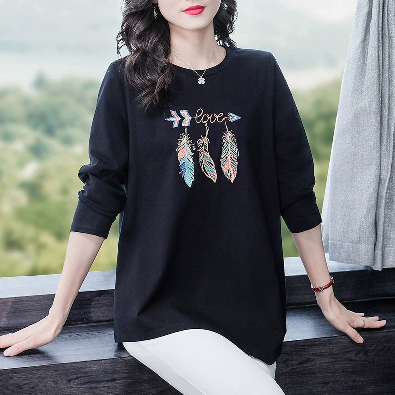 Одежда больших размеров для женщин среднего и пожилого возраста 2023 весенний вязаный дышащий легкий свитер с длинным рукавом и вышивкой и круглым вырезом для взрослых Футболка-топ