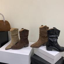复古真皮尖头堆堆短靴子女秋冬新款粗跟西部牛仔靴中跟百搭中筒靴