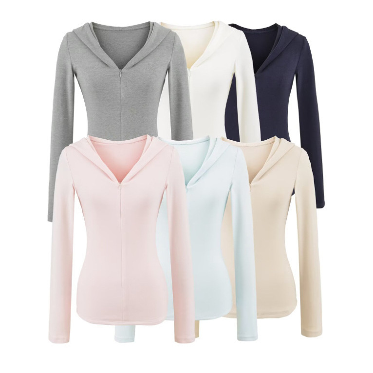 Pullover Zipper Long-Sleeved Sweatshirt for Women 2025 Autum New American Sexy Style Pure Color Hooded Slim Slim Jacket