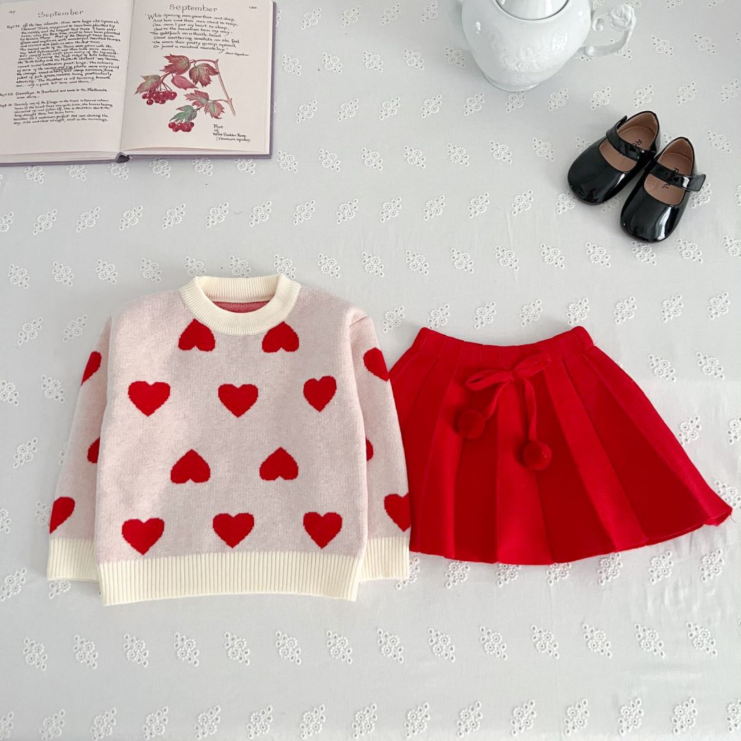Girls' Sweater Set 2023 Winter New Western Style Little Girl Love Knitted Pullover Head Long Sleeves Fashionable Two_voghion.com
