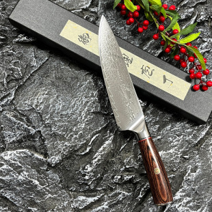 Cross-Border Hot Sale 8inch Chef's Knife 67-Layer Damascus Steel Colored Wooden Handle Kitchen Household Chef's Knife Wholesale