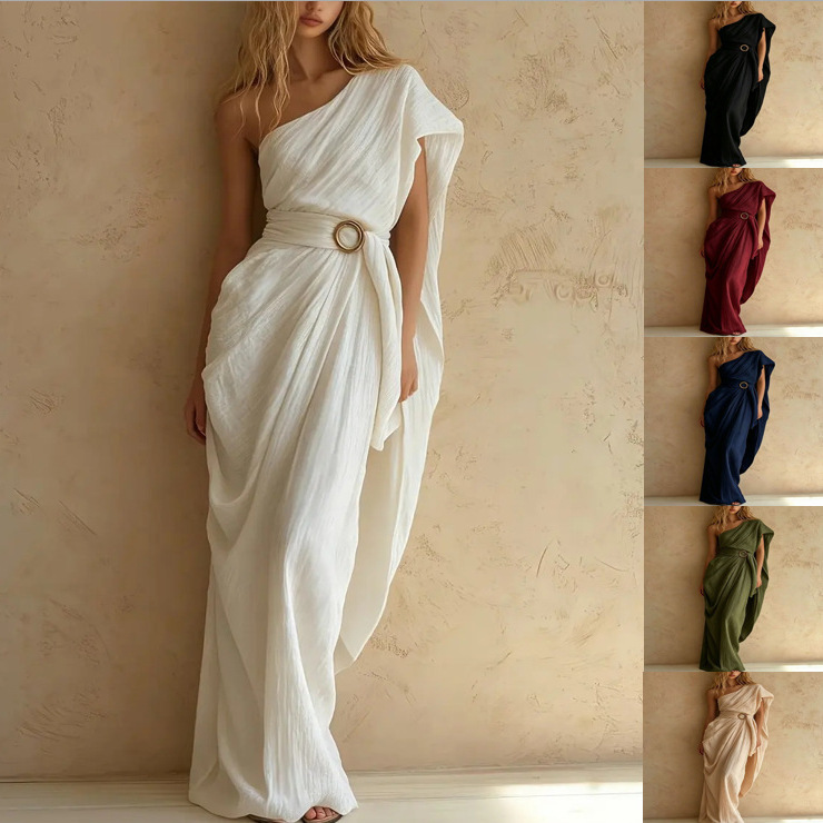 2026 Spring/Summer Cross-Border European and American Amazon Cotton and Linen Greek Style Classical One-Shoulder Belted Irregular Hem Dress 2026 Spring/Summer Cross-Border European and American Amazon Cotton and Linen Greek Style Classical One-Shoulder Belted Irregular Hem Dress