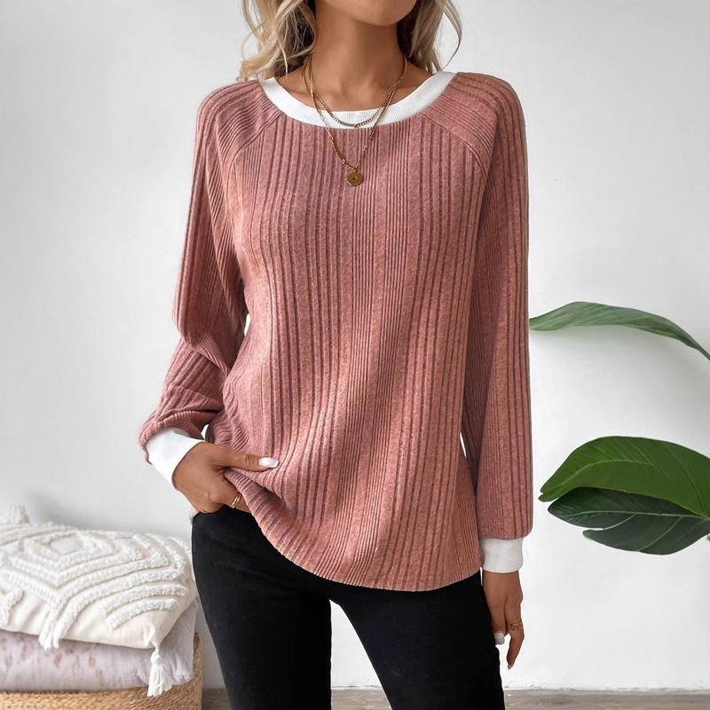 2024 European and American Independent Station Amazon Fall/Winter New Long Sleeve Solid Color Rib Pit Long Sleeve Sweater