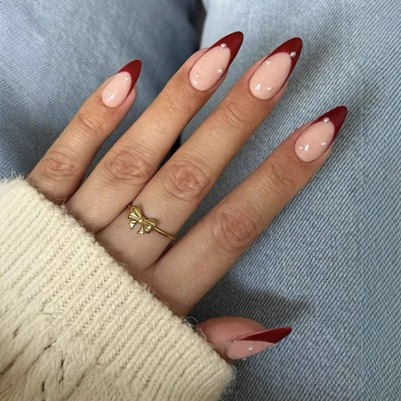 2025 Valentine's Day Holiday Manicure Almond Nails Red French Edge Wearable Nails Pearl Simple Almond Shaped Manicure Pieces 2025 Valentine's Day Holiday Manicure Almond Nails Red French Edge Wearable Nails Pearl Simple Almond Shaped Manicure Pieces