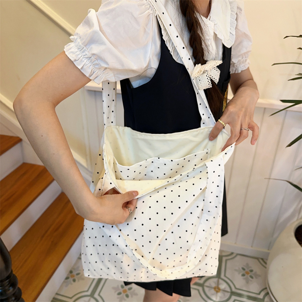 90g Weight Poplin Lining Material 19695304699 Fashion Element Open Closure Type Double Shoulder Straps Strap Type Tote Bag Bags Type Travel, Daily Occasion Canvas Material Round Dots Pattern All Seasons, Spring&Summer Season Women's Gender Streetwear Style Square Shape Medium Size 45262 New Polka Dot Canvas Bag Women's Large Capacity Bag College Students Class Canvas Bag Special-Interest Shoulder Bag 19