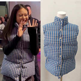 长期现货2025春金智妮同款蓝色格子无袖羽绒棉服背心马甲外套女潮