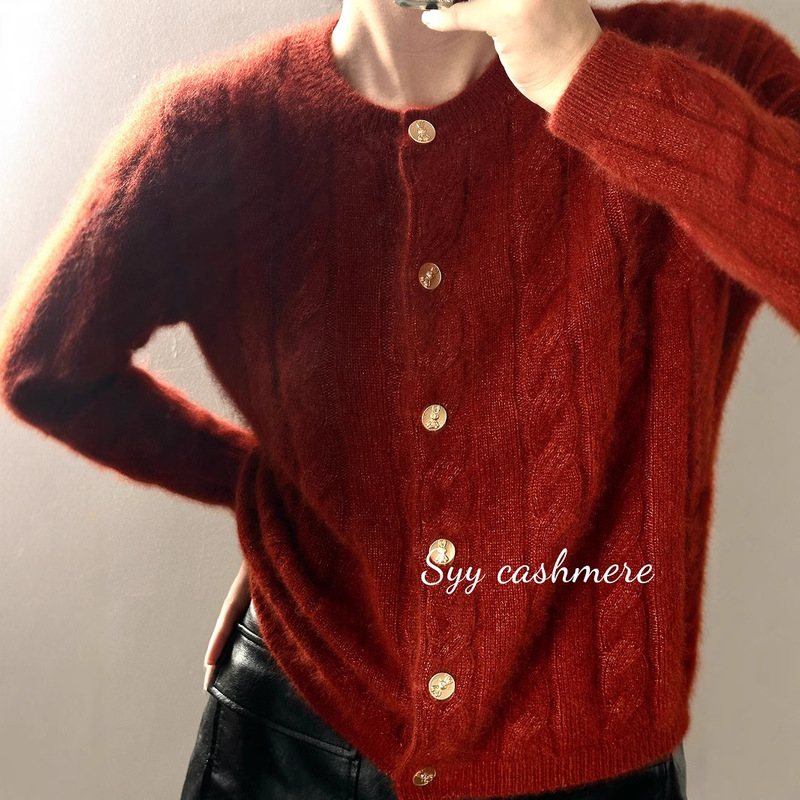 SYY Autumn Winter Women Consaini White Factory Silk Cashmere Crewneck Cardigan