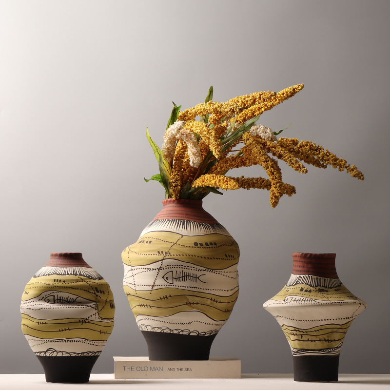Modern Hotel Decorative Vase Creative Hand-painted Artistic Ceramic Flower Vase Sales Department Homestay Abstract Ceramic Ornaments