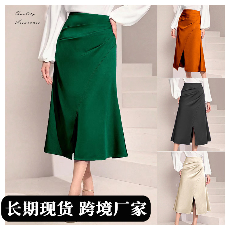 2026 Cross-Border Women's High-Waisted Satin Pleated Slit Long Skirt European and American Style Solid Color Half Skirt with Zipper Fishtail Bodycon Skirt 2026 Cross-Border Women's High-Waisted Satin Pleated Slit Long Skirt European and American Style Solid Color Half Skirt with Zipper Fishtail Bodycon Skirt