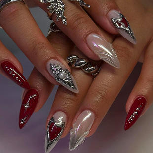 Cross-border Hot Sale Almond Fake Nails Metal Sense Love Flowers Pure Desire Pearl Stars Wear Armor Finished Products Wholesale