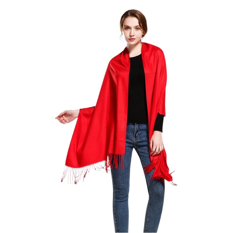 Imitation Cashmere Scarf for Women, European and American Style Tassel Shawl, Embroidered Logo, Bright Red Solid Color, Wholesale