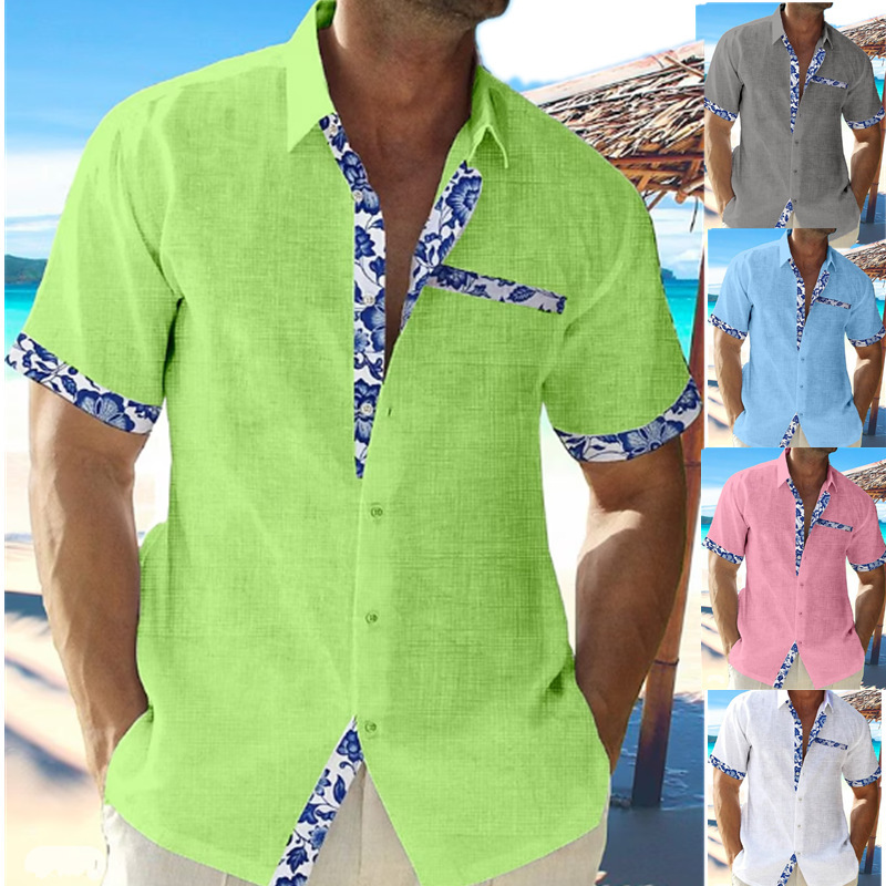 2023 New Hawaiian Beach Vacation Shirt Short Sleeve Cardigan Shirt Men's Cuff Placket Contrast Color Lapel Shirt