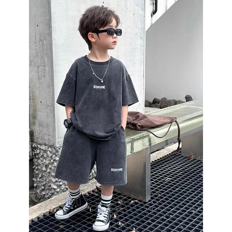 Boys' Cotton Set Washed Old Short-sleeved Shorts Summer Fashionable Outfit Cool and Handsome Sports Two-piece Set