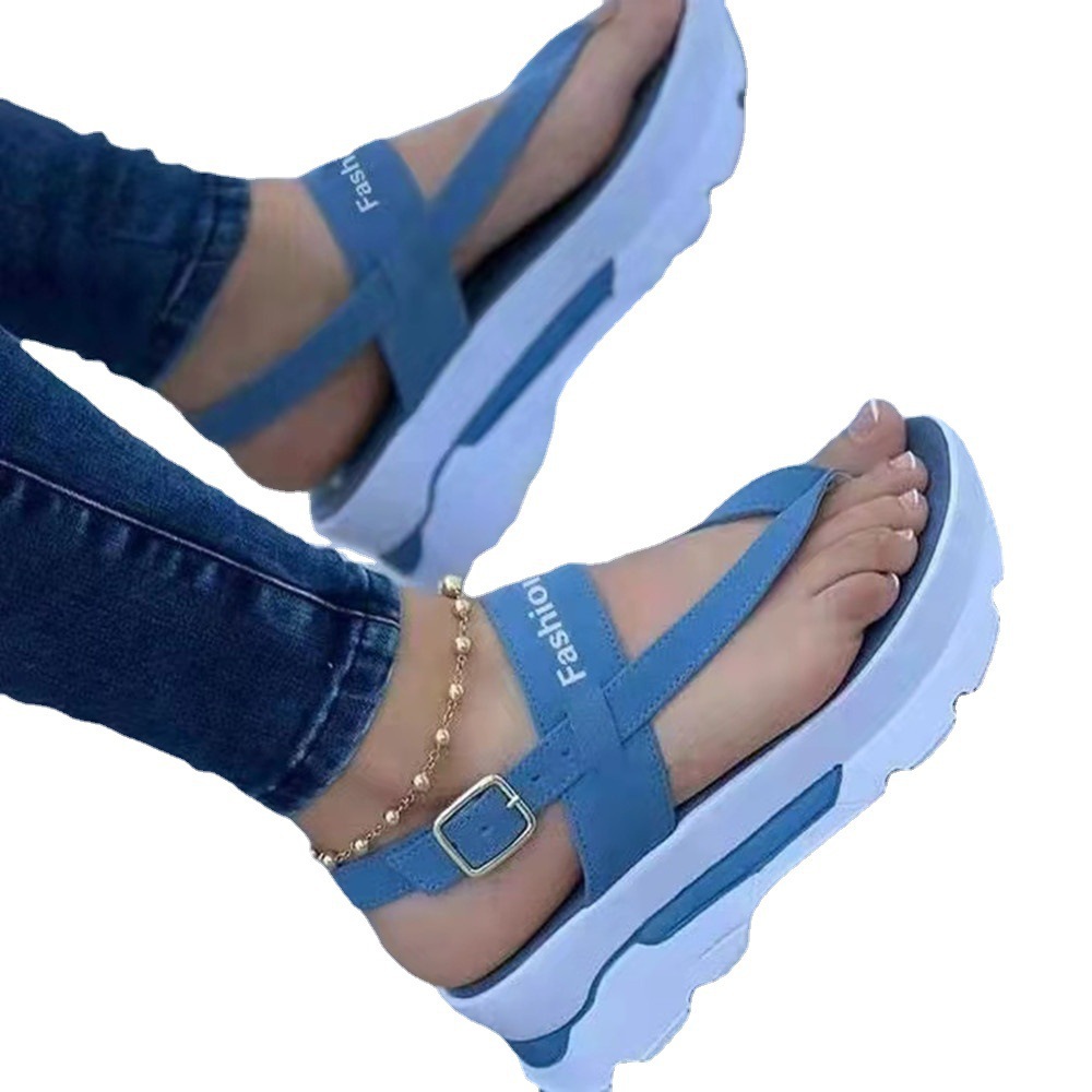 2025 Sommer Große Zehenclip Dicke Sohle Einfarbige Schnalle Keil Damen Sandalen_voghion.com