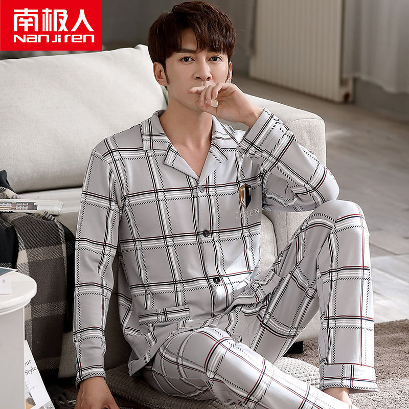 Pijamas de los hombres de manga larga de primavera y otoño 100% algodón de la Juventud de mediana edad más el tamaño de ocio ropa de casa traje