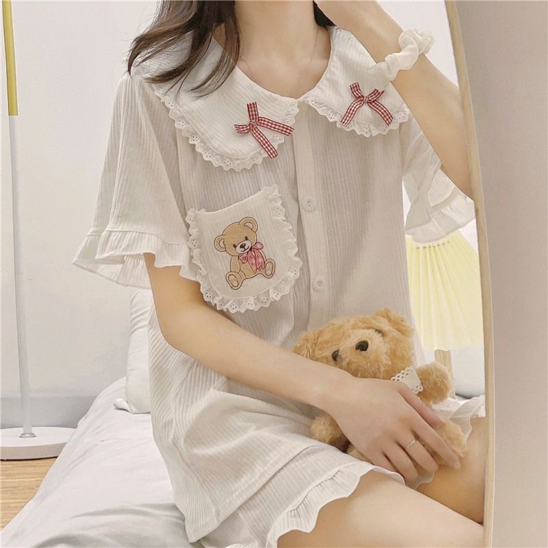 Certified Doll Collar Bow Bear Two-Piece Suit Pajamas Women's Summer Cute Cartoon Dormitory Casual Home Clothes