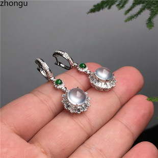 Source White Ice Chalcedony Glass Egg Earrings for Women S925 Inlaid with Natural Jade White Ice Chalcedony Egg Surface Earrings Hot Sale