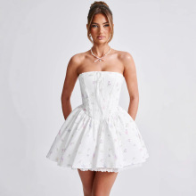 2025新款法式純欲風甜美蕾絲拼接蓬蓬印花性感抹胸花邊迷你連衣裙