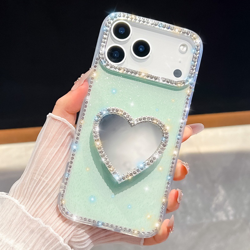 闪钻边框补妆镜子适用苹果17手机壳iPhone16promax奢华爱心支架15|undefined
